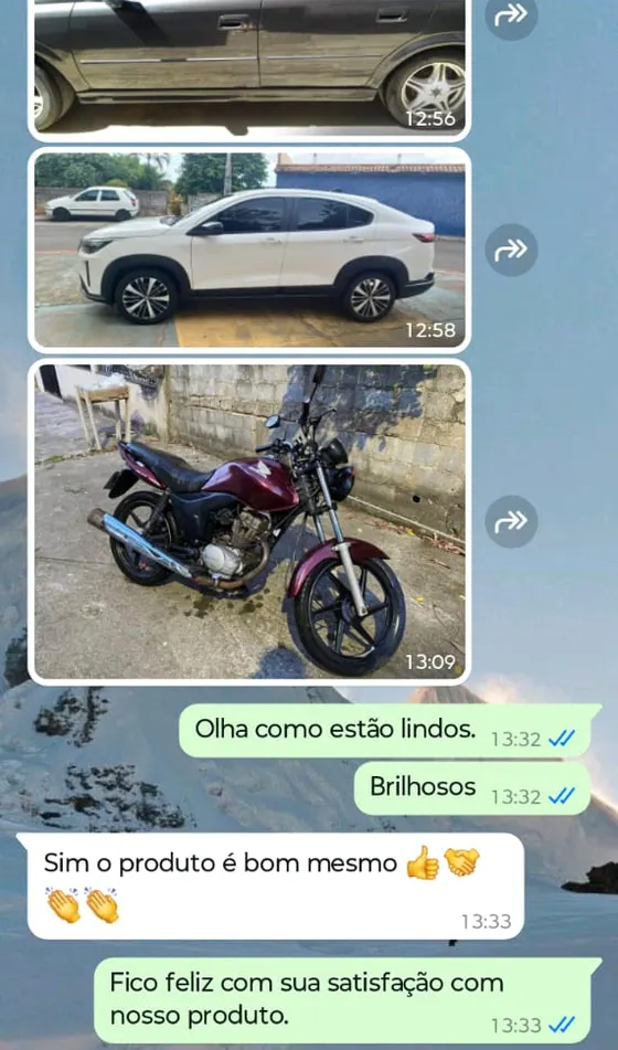 Cliente manda fotos de dois carros e uma moto brilhando e responde: sim, o produto é bom mesmo
